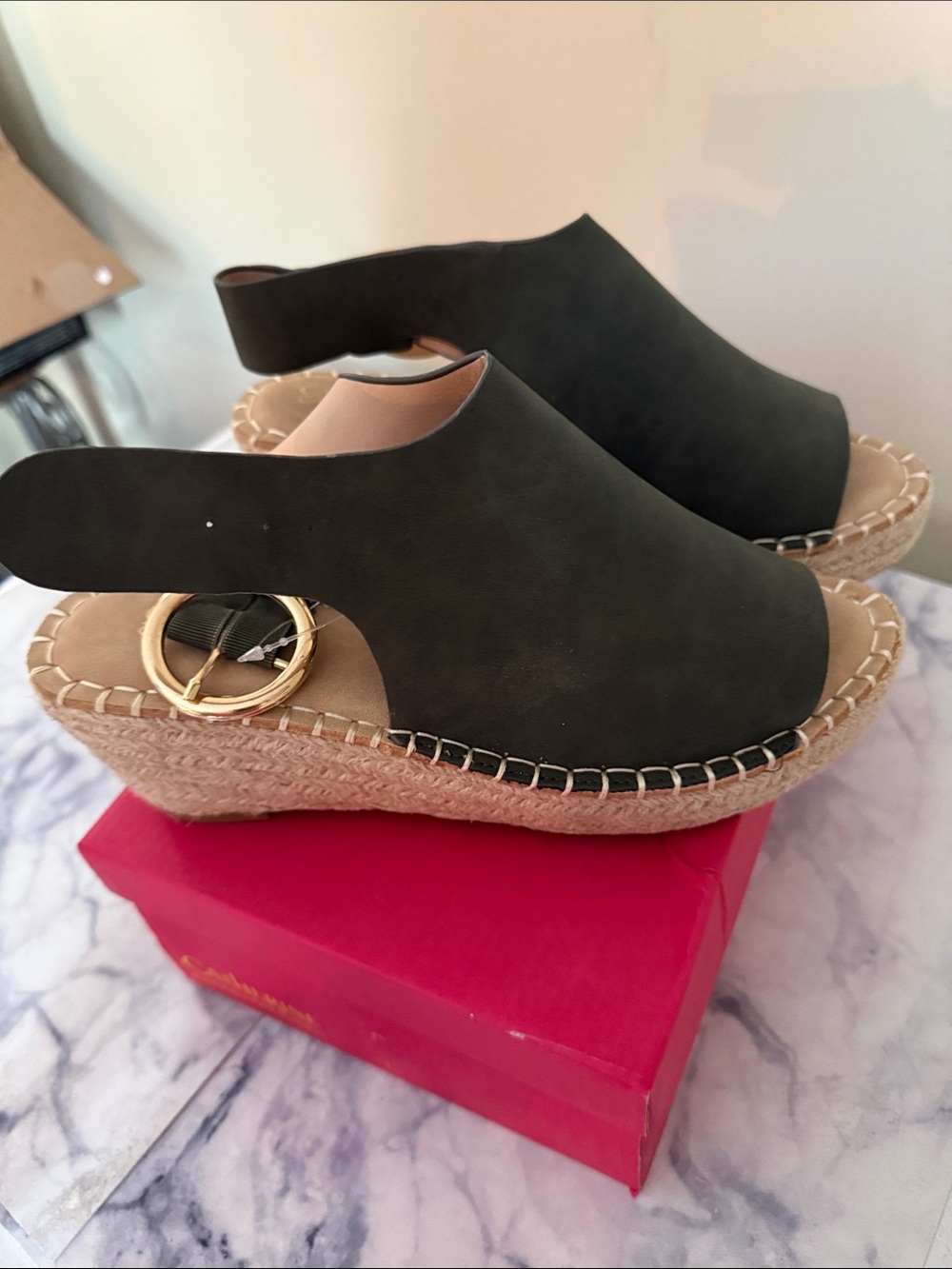 Catherine Malandrino Olive Green Open-Toe Espadrille Sandals with Gold Buckle - Picture 5 of 6